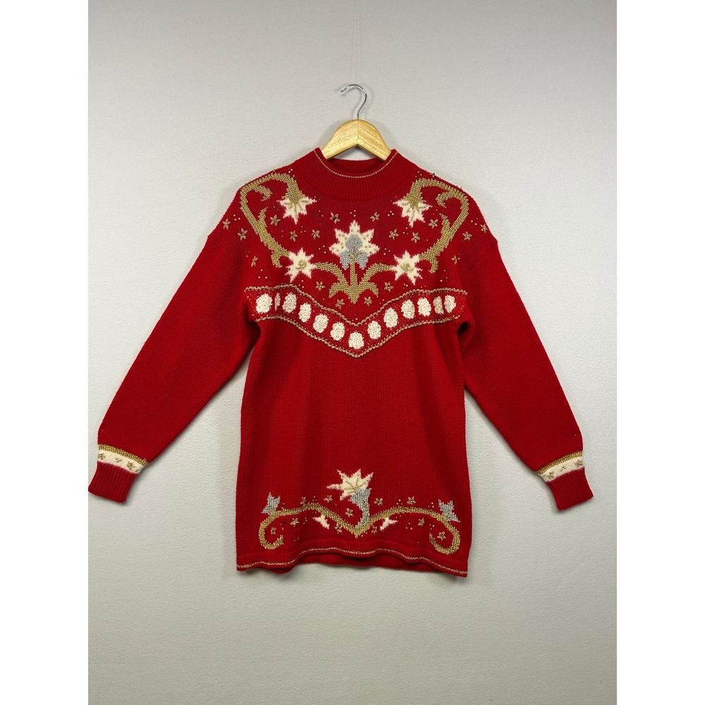 Grandmacore Vintage Dana‎ Scott Womens Large Red Floral Beaded Metallic Sweater